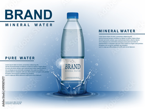 Pure mineral water ad, plastic bottle with water drop elements on blue background. Transparent Drinking water Bottle with your brand for ads or magazine design. 3d vector illustration.