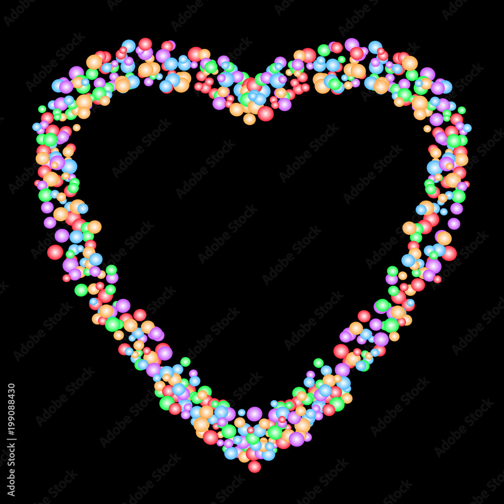 Heart shape pattern formed by colorful bubbles in various sizes isolated on black background. Vector illustration. Useful as backdrop, or image montage. Love, romance, valentine's, or wedding concepts