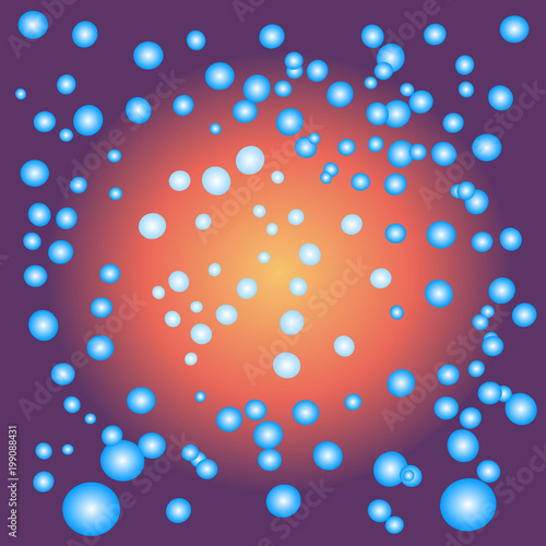 Abstract pattern of blue colored bubbles in various sizes flying in gradient yellow, orange, and violet colored space. Vector illustration. Useful as background, backdrop, or image montage. 