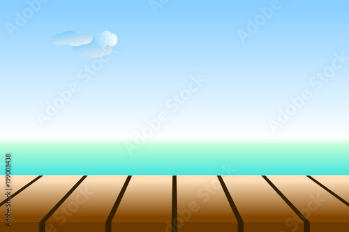 Empty bench top over background of turquoise sea with sky, clouds, and the horizon line. Useful as backdrop, image montage for display products, or design key visual layout. Vector illustration, EPS10
