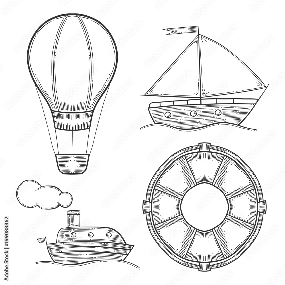 Vacation set, air balloon or aerostat and ship, sail vessel and lifebuoy, active recreation. Hand drawn vector in engraving and sketch style. Isolated on white background Vacation set, air balloon or aerostat and ship, sail vessel and lifebuoy, active recreation. Hand drawn vector in engraving and sketch style. Isolated on white background