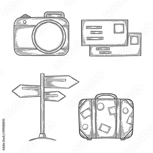 Vacation set, digital photo camera and handbag, wooden signpost and letters with stamps. Hand drawn vector in engraving and sketch style. Isolated on white background