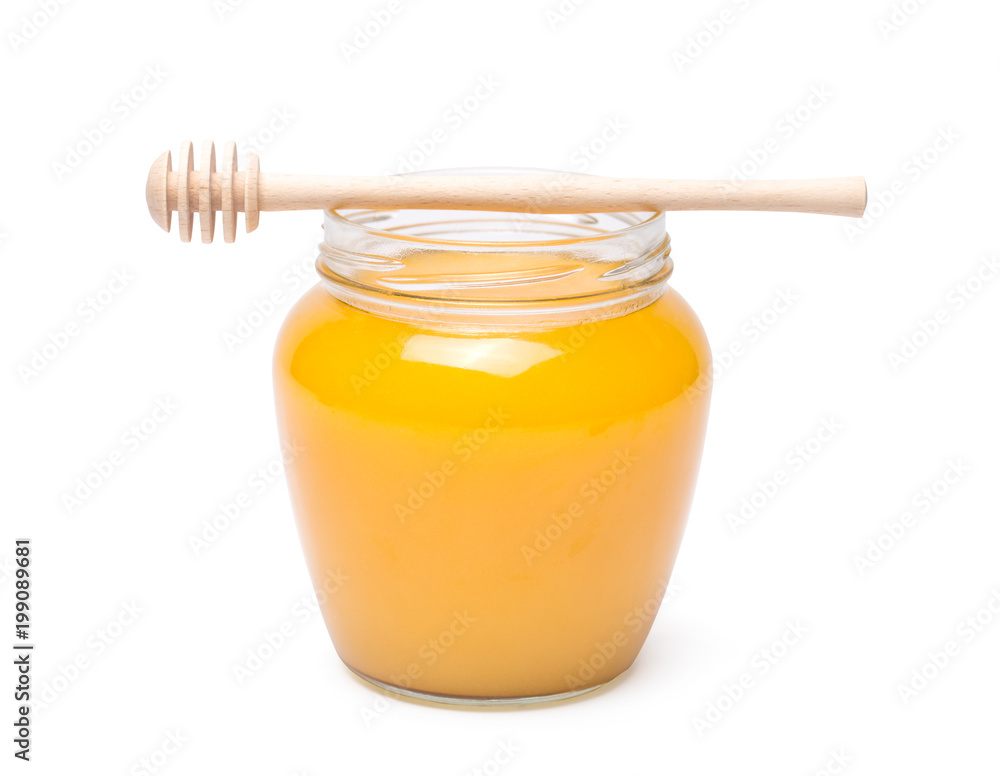 honey dipper and honey in jar on white background honey dipper and honey in jar on white background