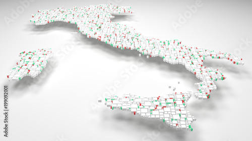 3D Map of Italy - Europe | 3d Rendering, mosaic of little bricks - White and flag colors