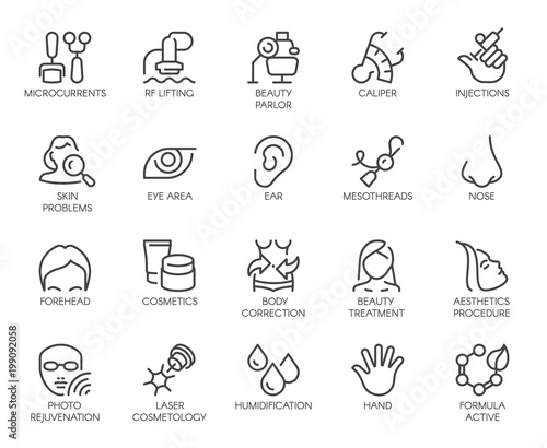 Cosmetology line icons set. 20 outline pictograms isolated. Beauty therapy, bodycare, healthcare, wellness treatment linear symbols. Correction, rejuvenation, anti-aging procedure logo. Vector graphic