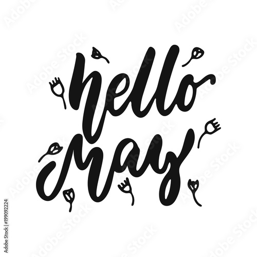 Hello, may - hand drawn lettering phrase isolated on the white background. Fun brush ink vector illustration for banners, greeting card, poster design.