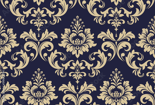 Wallpaper in the style of Baroque. A seamless vector background. Black and gold floral ornament. Graphic vector pattern