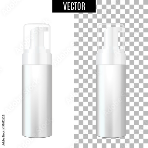 3d white realistic cosmetic package icon empty tubes on transparent background vector illustration. Realistic white plastic bottle for cream liquid soap with a pump.