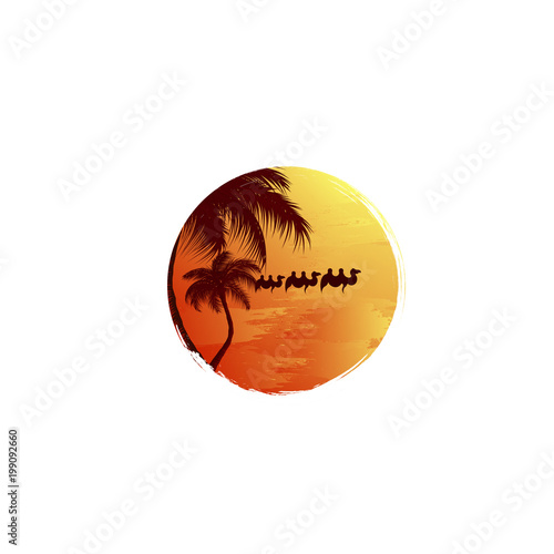 Caravan on desert. Arabic landscape with camel convoy and palm leaves at sunset. Travel agency or Ramadan Kareem concept