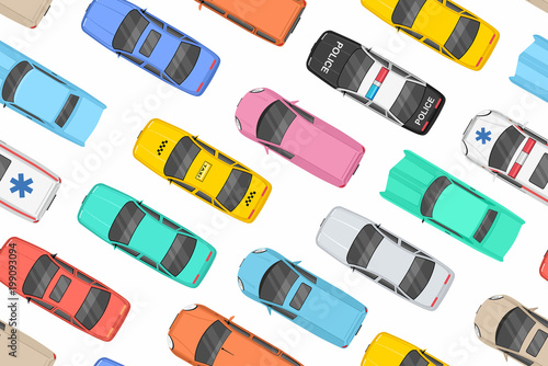 Top view of Colorful cars Seamless pattern 