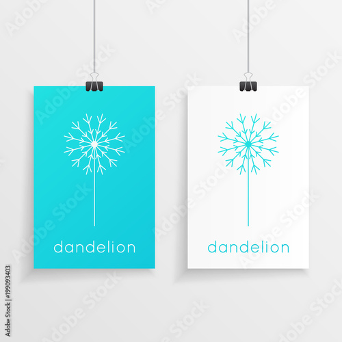 Fototapeta Naklejka Na Ścianę i Meble -  Geometric dandelion flower design in blue and white colors on a hanging blank paper like art gallery.