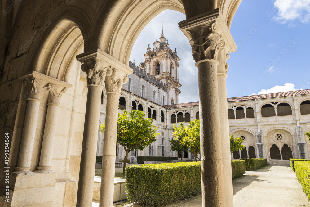 Alcobaca Monastery, Portugal. Views of the Claustro de D. Dinis (Cloister of King Denis) and the towers. A World Heritage Site since 1997