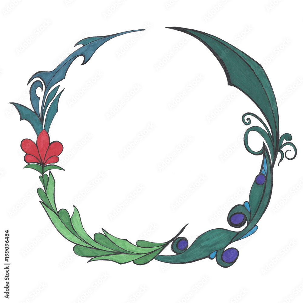 Circle frame from ornamental leaves and flower green, red and blue color. 