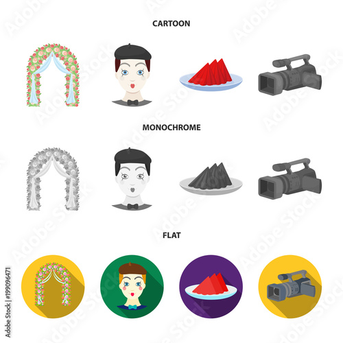 The arch is decorated with roses and silk, a clown in a cap, a plate with red napkins, a video camera. Event services set collection icons in cartoon,flat,monochrome style vector symbol stock