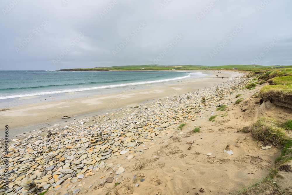 Seascape with a beach on Bay of Skaill near Skara Brae prehistoric site, Orkney islands, Scotland, Britain