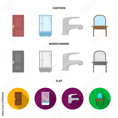 Door, shower cubicle, mirror with drawers, faucet.Furniture set collection icons in cartoon,flat,monochrome style vector symbol stock illustration web.