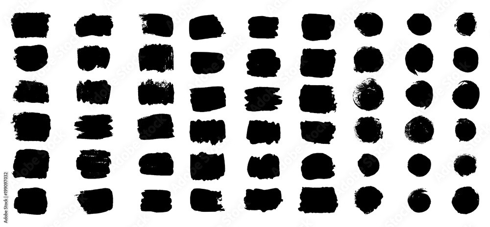 Set of hand drawn circle and rectangular grunge background shapes. Isolated ink spots for logo. Black vector elements drawing with paintbrush.