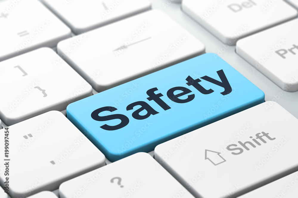 Safety concept: computer keyboard with word Safety, selected focus on enter button background, 3D rendering Safety concept: computer keyboard with word Safety, selected focus on enter button background, 3D rendering