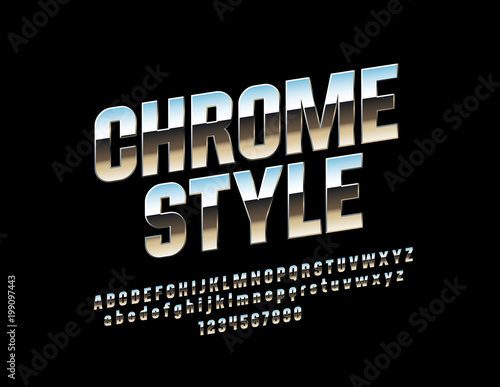 Vector rotated Chrome Font. Silver Alphabet Letters, Numbers and Symbols