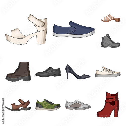 Different shoes cartoon icons in set collection for design. Men and women shoes vector symbol stock web illustration.