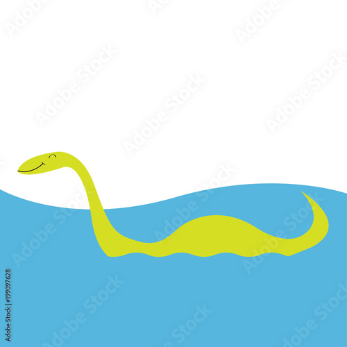 Loch Ness Nessy fictional creature. Water monster with eye, tail Swimming floating Sea ocean. Snake shape. Funny Cute cartoon character. Baby collection. Flat design. White blue background.