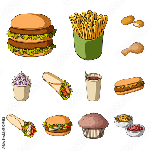 Fast food cartoon icons in set collection for design.Food from semi-finished products vector symbol stock web illustration.