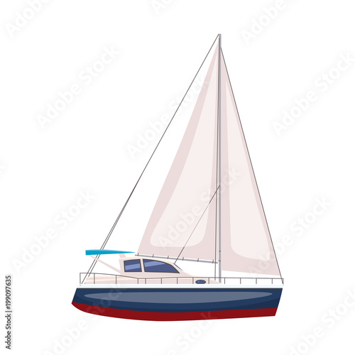 Sailing boat floating on water surface. Vector color illustration. Isolated. Cartoon style
