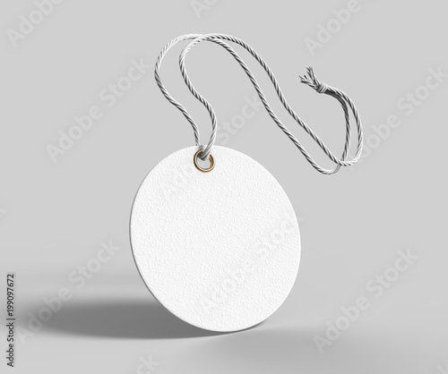 Blank tag tied with string. Price tag, gift tag, sale tag, address label isolated on grey background. 3d render illustration photo