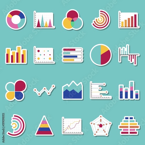 Business data graphs stickers icons. Financial and marketing charts stickers. Market elements dot bar pie charts diagrams and graphs. Business infographic flow sheet diagram. Flat icons set isolated.