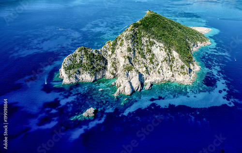 an aerial view of marathonisi in zakynthos