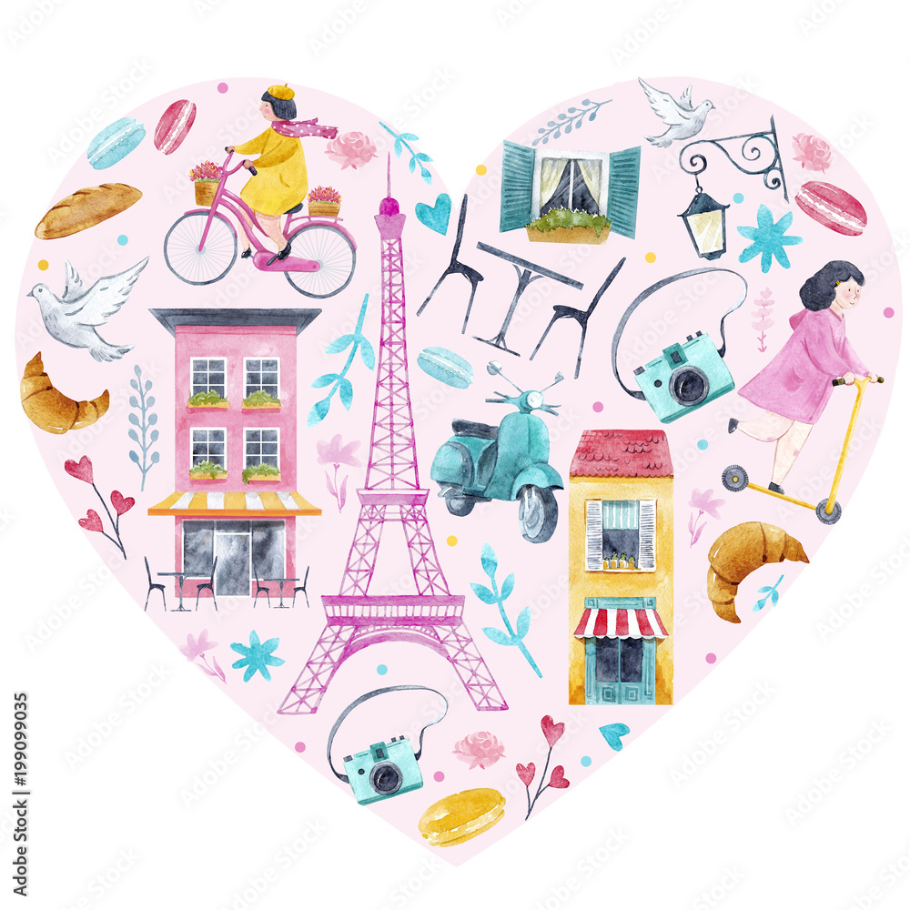 Naklejka premium Watercolor Paris heart