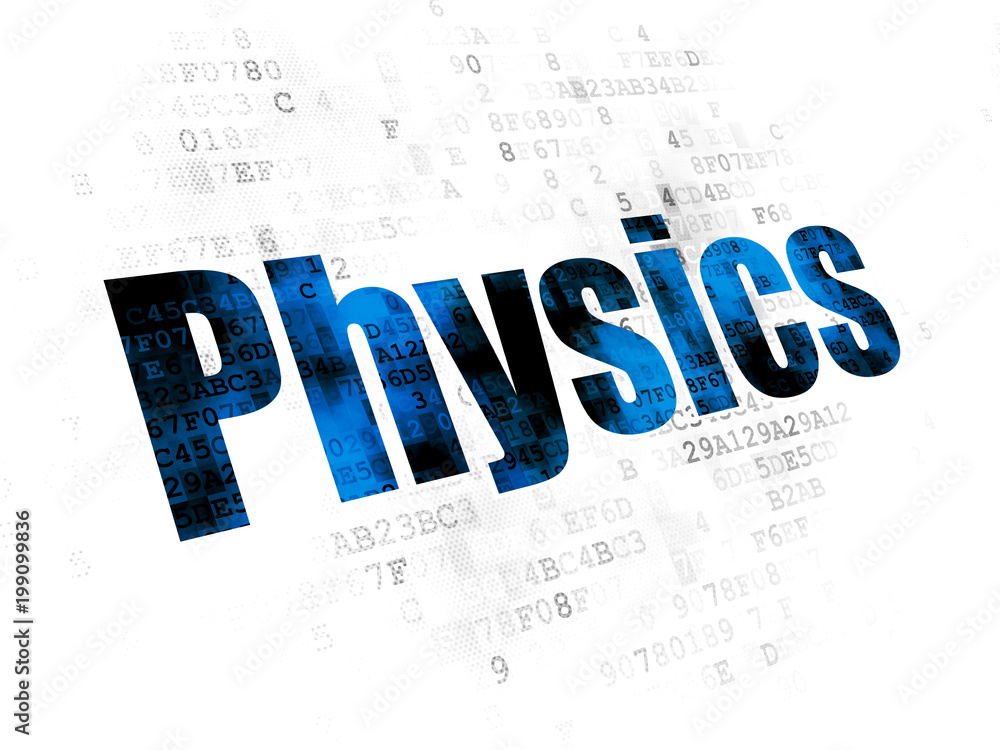 Learning concept: Pixelated blue text Physics on Digital background Learning concept: Pixelated blue text Physics on Digital background