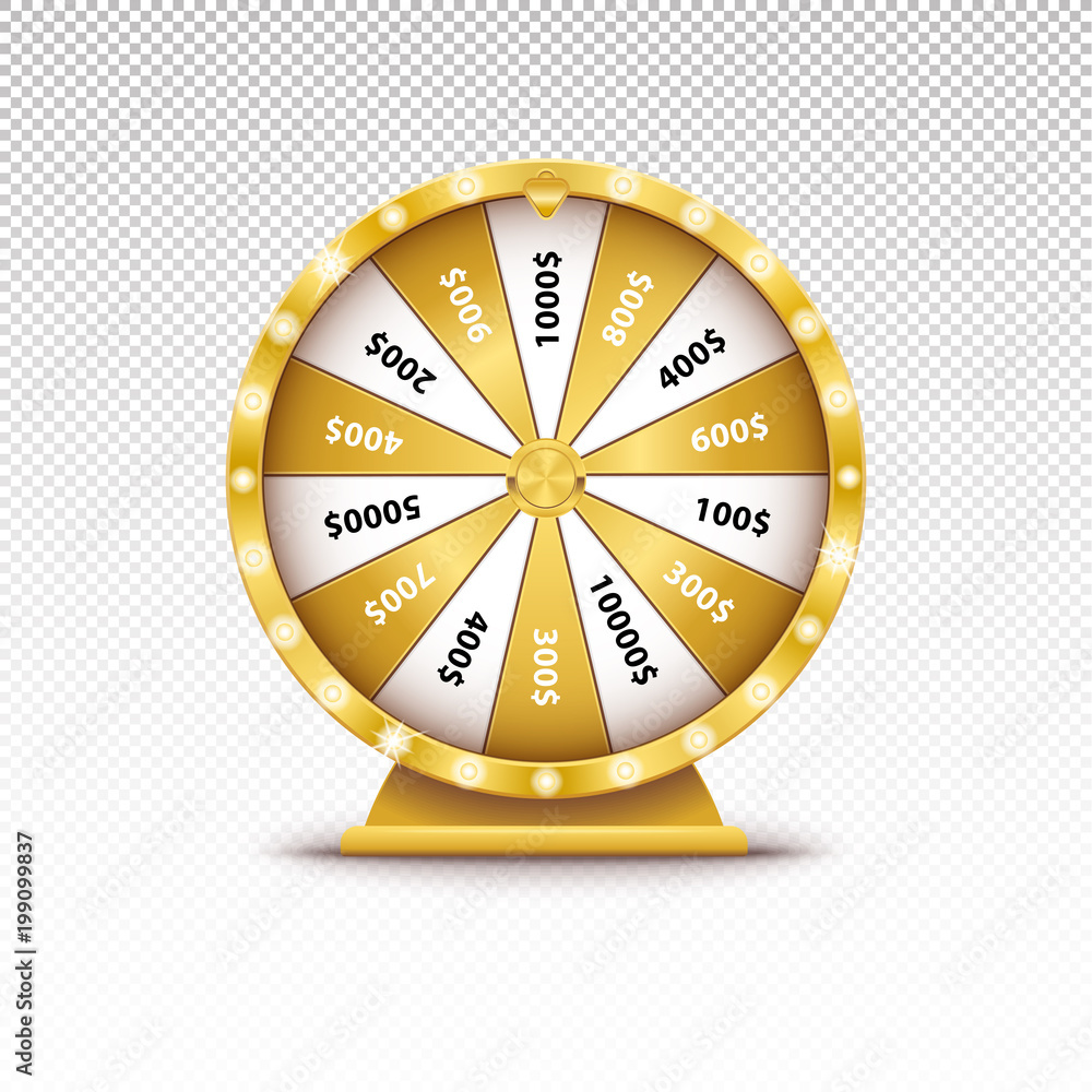 Naklejka premium Realistic 3d spin golden fortune wheel, lucky roulette vector illustration on transparent background. Online casino lucky game, gold roulette. 