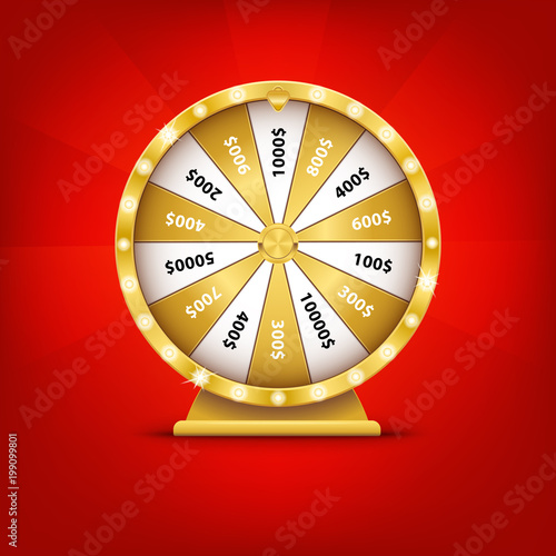 Realistic 3d spin golden fortune wheel, lucky roulette vector illustration on red background. Online casino lucky game, gold roulette. Gambling  lottery.