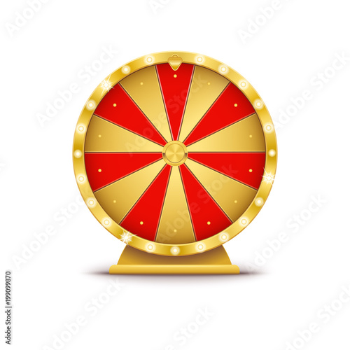 Realistic 3d spinning golden fortune wheel, lucky roulette vector illustration on transparent background, online casino lucky gold roulette game without numbers. 