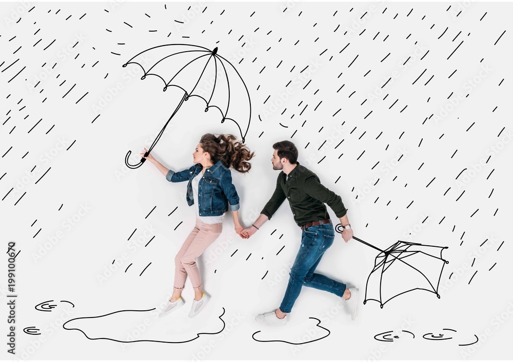 Foto Stock creative hand drawn collage with couple running under rain with  umbrellas | Adobe Stock