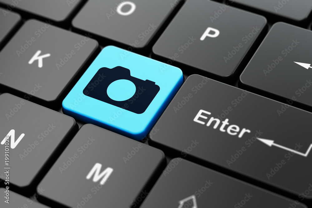 Vacation concept: computer keyboard with Photo Camera icon on enter button background, 3D rendering Vacation concept: computer keyboard with Photo Camera icon on enter button background, 3D rendering