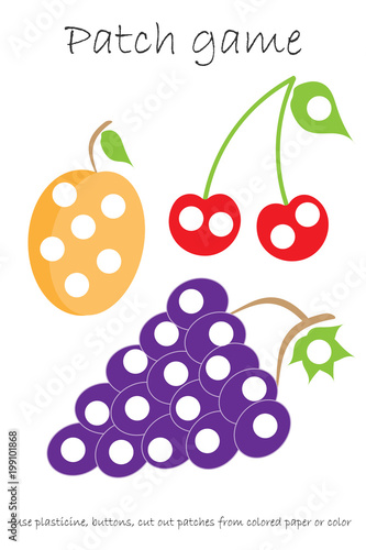 Education Patch game fruit for children to develop motor skills, use plasticine patches, buttons, colored paper or color the page, kids preschool activity, printable worksheet, vector illustration