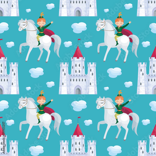Colorful seamless pattern with a picture of a fairytale castle and Prince. Vector background.