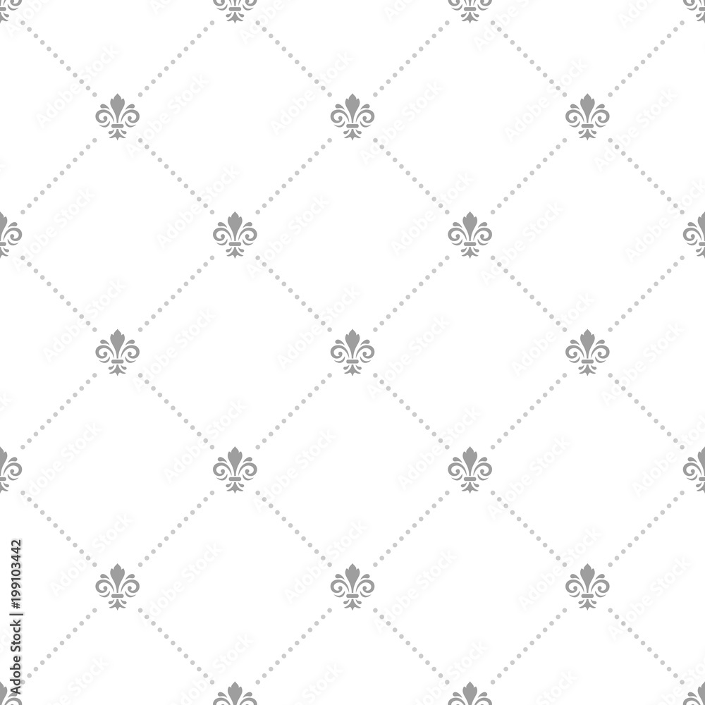 Fototapeta premium Seamless vector pattern. Modern geometric ornament with silver dots and royal lilies. Classic vintage background