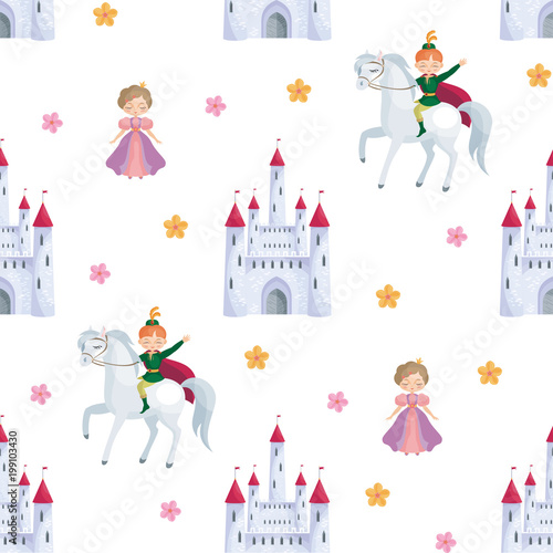 Colorful seamless pattern with a picture of a fairytale castle, Princess and Prince. Vector background.