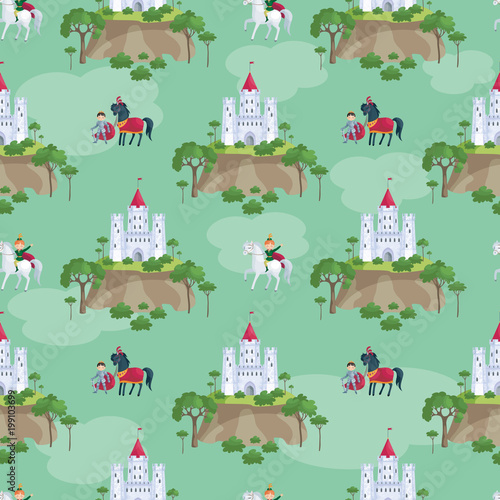 Colorful seamless pattern with a picture of a fairytale castle and Prince. Vector background.