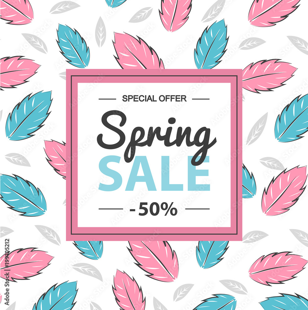 Spring sale banner template. leaves border isolated on white background. leaf frame with text.