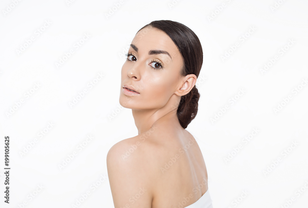 Skin care concept. Beauty and spa for body and face. Beautiful smiling tender young woman with fresh clean skin on white backgroung. Woman health life Skin care concept. Beauty and spa for body and face. Beautiful smiling tender young woman with fresh clean skin on white backgroung. Woman health life