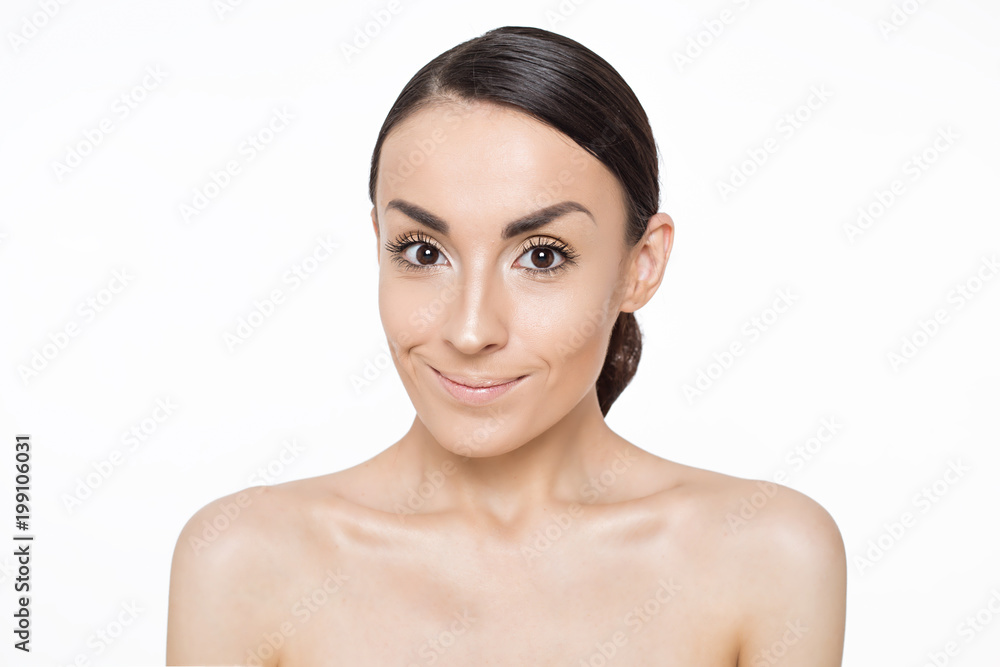 Close up Portrait of Beautiful Young Woman with Clean Fresh Skin. Face care. Facial treatment. Cosmetology Concept. Beauty and spa Close up Portrait of Beautiful Young Woman with Clean Fresh Skin. Face care. Facial treatment. Cosmetology Concept. Beauty and spa