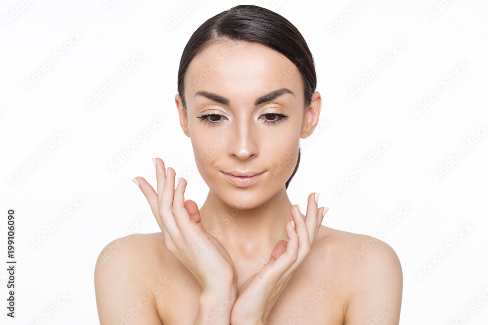 Skin care concept. Beauty and spa for body and face. Beautiful smiling tender young woman with fresh clean skin on white backgroung. Woman health life Skin care concept. Beauty and spa for body and face. Beautiful smiling tender young woman with fresh clean skin on white backgroung. Woman health life