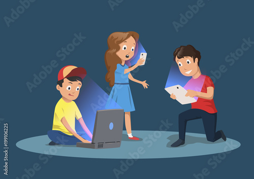 Children's gadget dependence. Kids with electronic devices. Cartoon vector illustration, isolated on dark blue background.