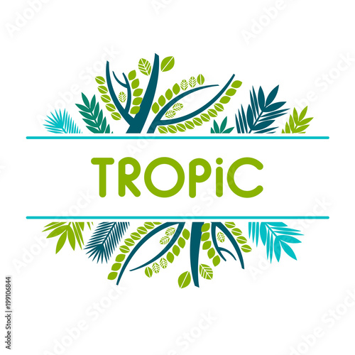 Card, invitation, banner with tropical leaves. Frame with tropical plants. Vector illustration.