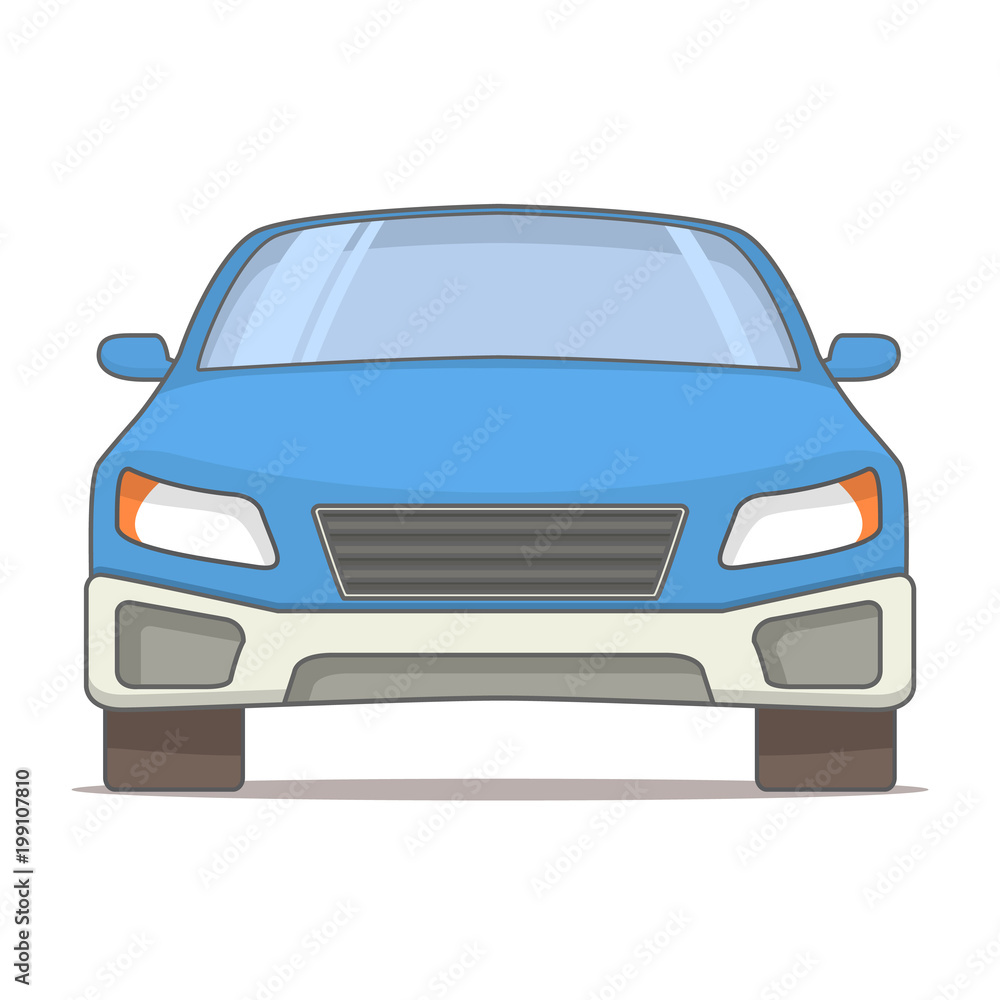 View in front of the sedan modern car windshield and headlights and a bumper, a front grille.In flat line art a vector.An icon concept for the websites of spare parts and car services and motor shows.