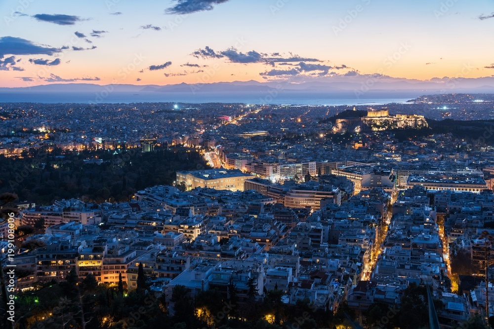 Cityscape of Athens in Greece at dusk